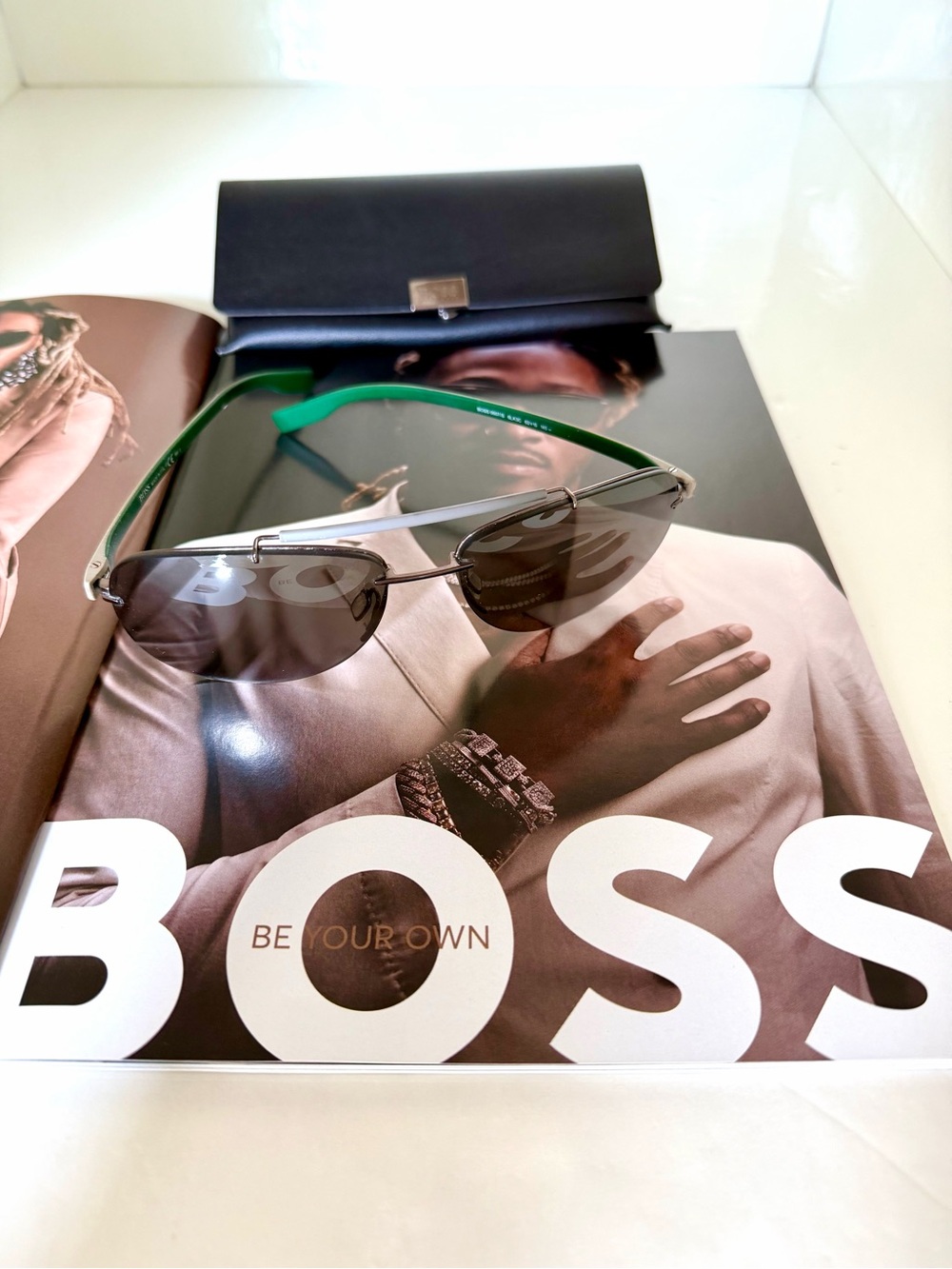 Hugo Boss Men's Silver Frame Sunglasses with Green Temples and Smoke Lenses